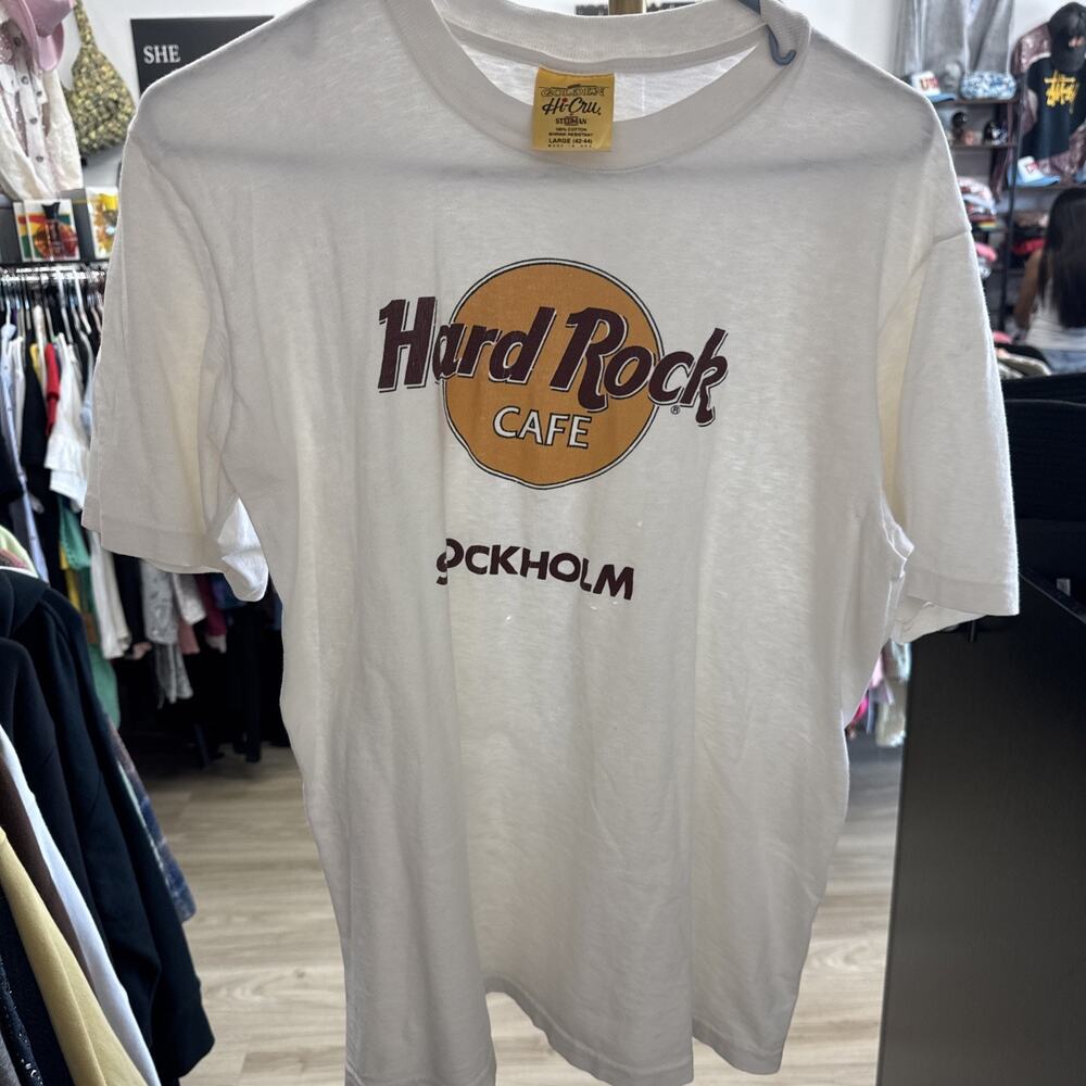 Vintage 1980s Hard Rock Cafe Stockholm T Shirt Golden Hi-Cru Stedman Large USA